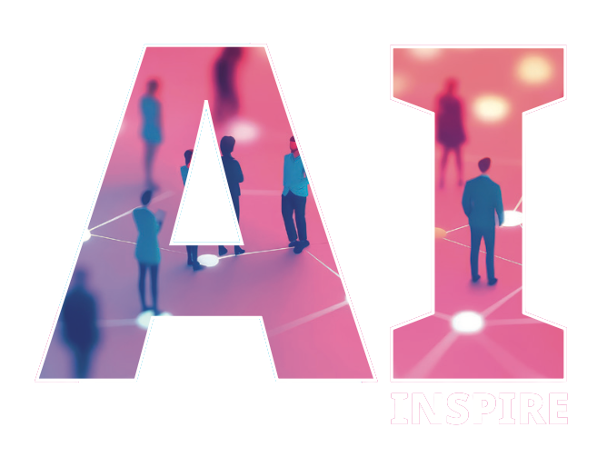 Logo von „AI INSPIRE“. Die großen Buchstaben „AI“ sind in Pink- und Blautönen gestaltet und zeigen stilisierte Personen auf einem vernetzten Weg; rechts darunter steht „INSPIRE“.