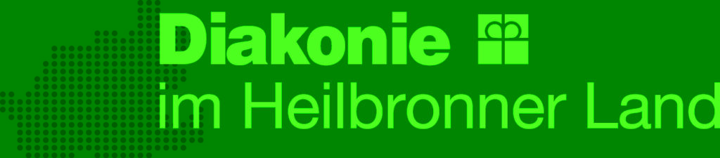 Logo der „Diakonie im Heilbronner Land“. Der Name steht in hellblauer Schrift neben dem stilisierten Kronenkreuz der Diakonie; links ist eine graue, punktförmige Kreisgrafik zu sehen.