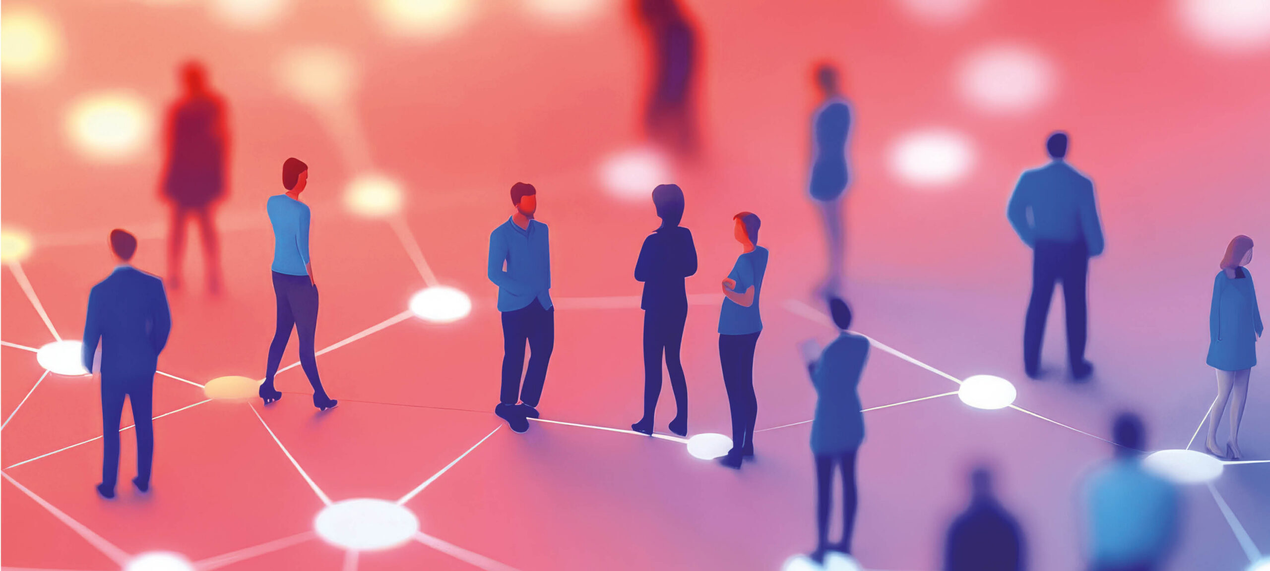 Stilisierte Darstellung mehrerer Menschen in Blau- und Violetttönen vor einem pinkfarbenen Hintergrund. Leuchtende Punkte und Linien verbinden die Personen zu einem Netzwerk.