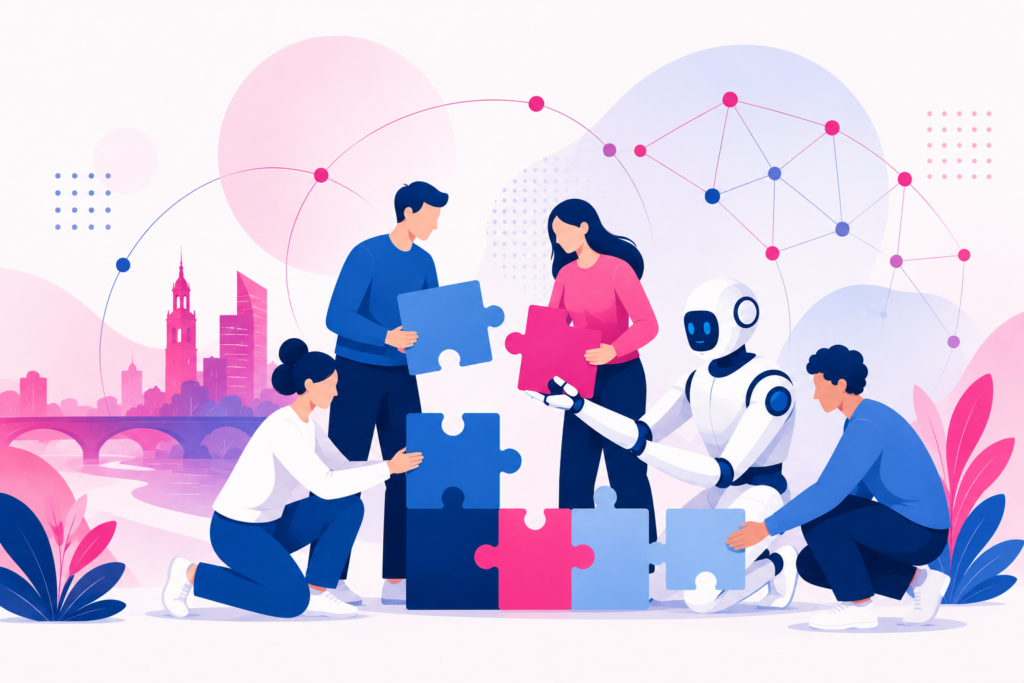 Menschen und ein Roboter setzen gemeinsam Puzzleteile zusammen und symbolisieren die Zusammenarbeit von Mensch und KI.