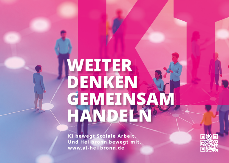 Illustration mit vernetzten Menschen und großem „KI“-Schriftzug. Text: „Weiter denken. Gemeinsam handeln. KI bewegt Soziale Arbeit. Und Heilbronn bewegt mit.